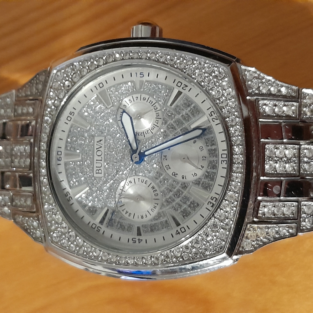 Bulova Silver and Blue Luxury Watch with Diamond Accents